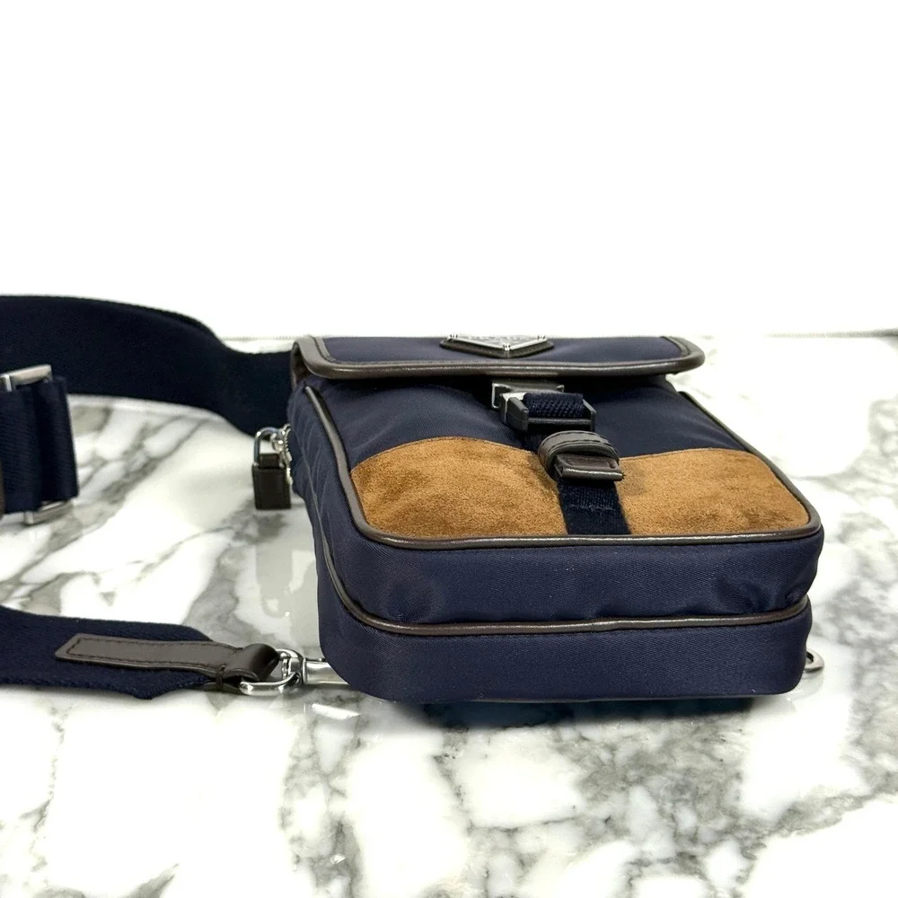 Prada Re-Nylon Leather Smartphone Case Shoulder Bag 2ZH194 Blu Caffe Navy Brown